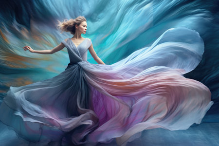 Beautiful woman with elegant dress melting in Multi-colored paint. Generative AIの素材