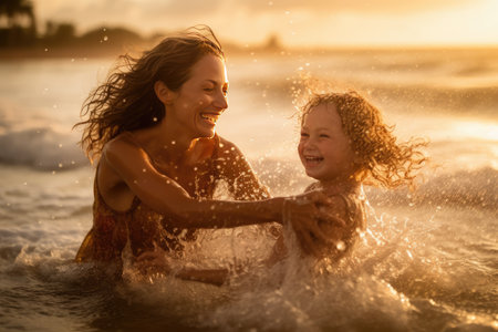 This beautiful and atmospheric photograph captures a heartwarming moment between a mother and her daughter as they playfully splash in the sea. Generative AIの素材
