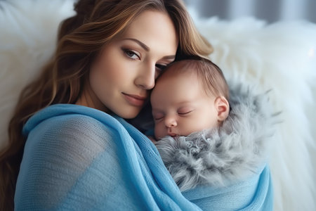 Close up of beautiful young woman holding adorable baby wrapped in blue blanket. Cute child sleeping in mother arms. light home background. concept of motherhood. Generative AIの素材