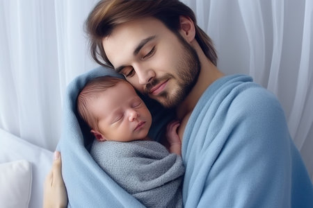 Close up of beautiful young man holding adorable baby wrapped in blue blanket. Cute child sleeping in father arms. light home background. Generative AIの素材