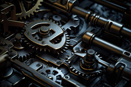 Intricate beauty of mechanical textures. The image highlights the precise details, metallic surfaces, and industrial elements, creating a visually stunning composition. Generative AIの素材