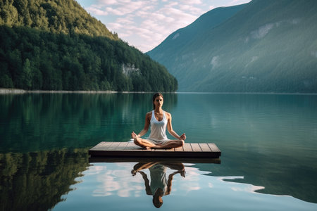 Graceful young woman is engaged in a yoga practice on the tranquil water surface of a evening breathtaking Alpine lake. Generative AIの素材