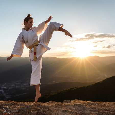 A strong woman practicing martial arts on the top of a mountain at sunset. The woman showcases her taekwondo technique with a powerful kick, embodying the beauty of martial arts in nature's embrace. Generative AIの素材