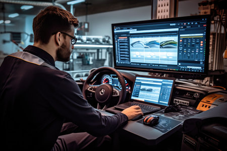 Car Service Manager or Mechanic is Running an Interactive Diagnostics Software on an Advanced Computer. Generative AIの素材