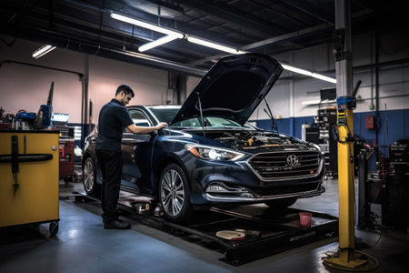 Car Service Manager or Mechanic is Running an Interactive Diagnostics Software on an Advanced Computer. Generative AIの素材