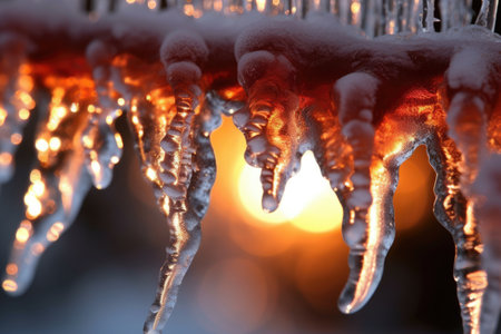 Heat and cold blend together in this stunning photograph. The scorching sun casts its fiery rays on a backdrop of icy blues, creating a captivating visual juxtaposition. Generated AIの素材