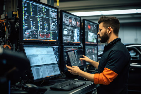 Car Service Manager or Mechanic is Running an Interactive Diagnostics Software on an Advanced Computer. Generative AIの素材