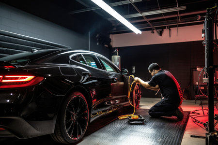 Car Service Manager or Mechanic is Running an Interactive Diagnostics Software on an Advanced Computer. Generative AIの素材