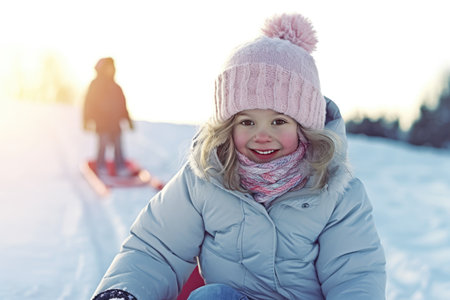 A joyful girl riding a sled down a frosty hillside, surrounded by a winter wonderland. The blue sky and snowy landscape create a playful and fun-filled atmosphere for a delightful sledding adventure. Generative AIの素材