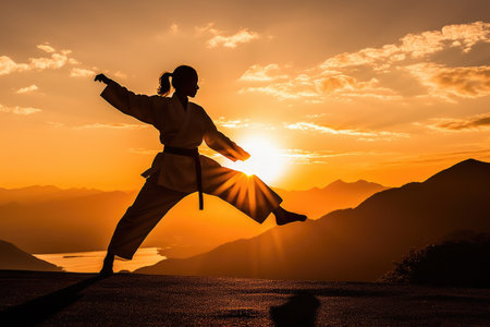 A strong woman practicing martial arts on the top of a mountain at sunset. The woman showcases her taekwondo technique with a powerful kick, embodying the beauty of martial arts in nature's embrace. Generative AIの素材