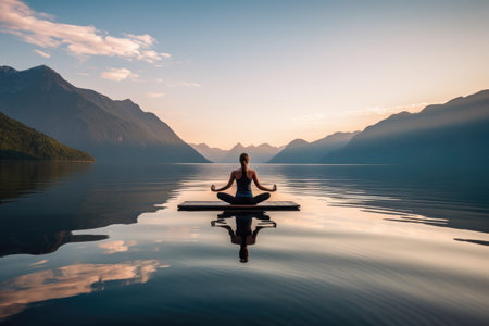 Graceful young woman is engaged in a yoga practice on the tranquil water surface of a evening breathtaking Alpine lake. Generative AIの素材