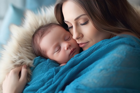 Close up of beautiful young woman holding adorable baby wrapped in blue blanket. Cute child sleeping in mother arms. light home background. concept of motherhood. Generative AIの素材