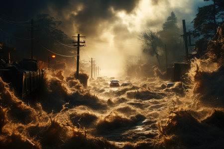 Overwhelming power of the surging waters as they overflow their banks and inundate surrounding areas. Bathed in vibrant and vivid hues, the photograph evokes a sense of urgency and danger.の素材
