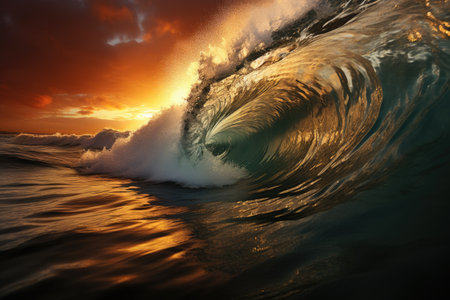 Magnitude and force as colossal waves rise and surge, creating a scene of chaos and destruction. The photograph showcases the intensity of the ocean's fury, with towering walls of water engulfing everything in their path.の素材