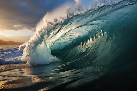 Magnitude and force as colossal waves rise and surge, creating a scene of chaos and destruction. The photograph showcases the intensity of the ocean's fury, with towering walls of water engulfing everything in their path.の素材