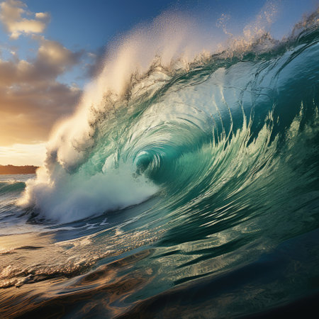 Magnitude and force as colossal waves rise and surge, creating a scene of chaos and destruction. The photograph showcases the intensity of the ocean's fury, with towering walls of water engulfing everything in their path.の素材