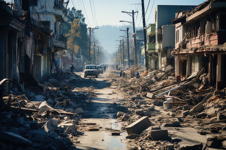 Consequences of seismic activity are visible, revealing collapsed buildings, cracked infrastructure, and scattered debris across the landscape. The photograph conveys a sense of both awe and destruction, highlighting the raw power of earthquakes and their ability to reshape the physical world.の素材