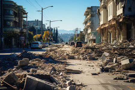 Consequences of seismic activity are visible, revealing collapsed buildings, cracked infrastructure, and scattered debris across the landscape. The photograph conveys a sense of both awe and destruction, highlighting the raw power of earthquakes and their ability to reshape the physical world.の素材