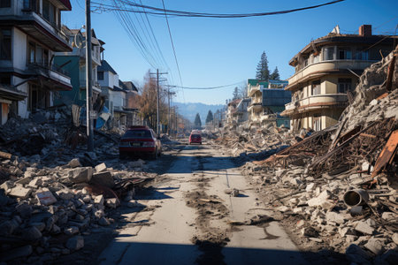 Consequences of seismic activity are visible, revealing collapsed buildings, cracked infrastructure, and scattered debris across the landscape. The photograph conveys a sense of both awe and destruction, highlighting the raw power of earthquakes and their ability to reshape the physical world.の素材