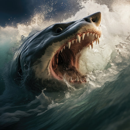 Raw power and ferocity of the shark as it cuts through the water, creating a sense of awe and danger. The combination of vibrant colors, dynamic composition, and realistic depiction immerses the viewer in the thrilling encounter between the majestic shark and the tumultuous waves, evoking a sense of both fascination and fear.の素材
