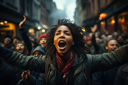 Powerful narrative of social unrest, where individuals come together to raise their voices and demand change. Amidst the chaos, the photograph exudes a sense of raw energy and resilience.の素材