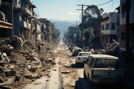 Consequences of seismic activity are visible, revealing collapsed buildings, cracked infrastructure, and scattered debris across the landscape. The photograph conveys a sense of both awe and destruction, highlighting the raw power of earthquakes and their ability to reshape the physical world.の素材