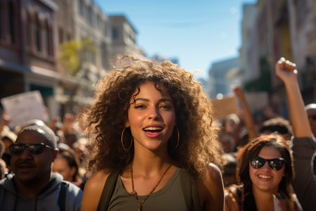 This photograph depicts a vibrant and lively scene of a bright, sunny day in a city's streets during a dynamic protest rally. The atmosphere is charged with energy and passion as demonstrators gather to raise their voices and express their demands for change.の素材