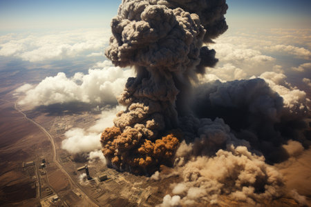 Power of nature and the devastating consequences of a nuclear disaster. The vivid colors and contrasting elements evoke a sense of danger and urgency. The image serves as a powerful reminder of the potential risks and the need for safety in the realm of nuclear energy.の素材