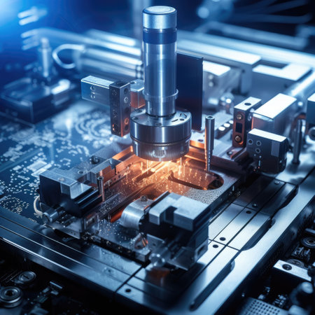 Laser machine in action, precisely cutting and shaping intricate parts with incredible accuracy. The intense beam of light creates a mesmerizing visual spectacle, illuminating the metallic surface and revealing intricate details.の素材