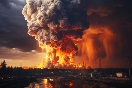Power of nature and the devastating consequences of a nuclear disaster. The vivid colors and contrasting elements evoke a sense of danger and urgency. The image serves as a powerful reminder of the potential risks and the need for safety in the realm of nuclear energy.の素材