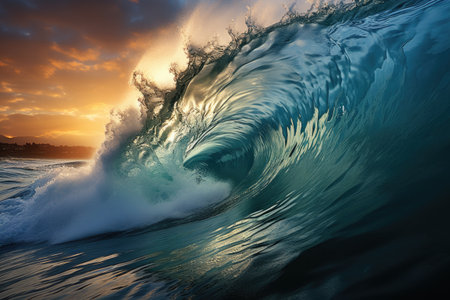 Magnitude and force as colossal waves rise and surge, creating a scene of chaos and destruction. The photograph showcases the intensity of the ocean's fury, with towering walls of water engulfing everything in their path.の素材