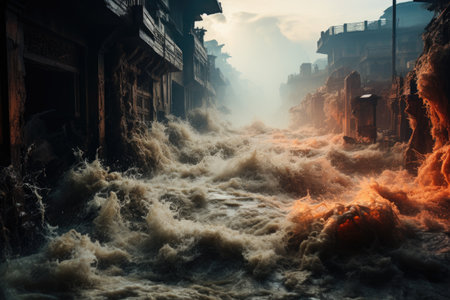 Overwhelming power of the surging waters as they overflow their banks and inundate surrounding areas. Bathed in vibrant and vivid hues, the photograph evokes a sense of urgency and danger.の素材
