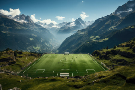 An exhilarating game of football taking place in an unusual and beautiful location. The football field is surrounded by majestic mountains, and sparks of sunlight reflect off the green grass.の素材
