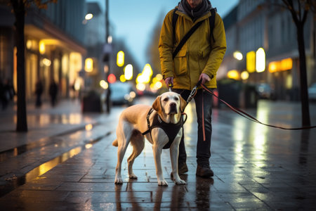 The guide dog, with a calm and focused demeanor, leads the blind person confidently, providing guidance and support.の素材