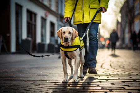 The guide dog, with a calm and focused demeanor, leads the blind person confidently, providing guidance and support.の素材