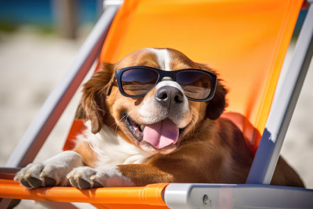 The dog is seen wearing sunglasses and relaxing in a beach chair, exuding a sense of humor and charm.の素材
