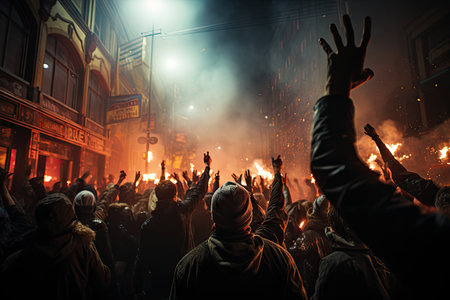 Powerful narrative of social unrest, where individuals come together to raise their voices and demand change. Amidst the chaos, the photograph exudes a sense of raw energy and resilience.の素材