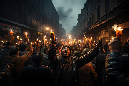 Powerful narrative of social unrest, where individuals come together to raise their voices and demand change. Amidst the chaos, the photograph exudes a sense of raw energy and resilience.の素材
