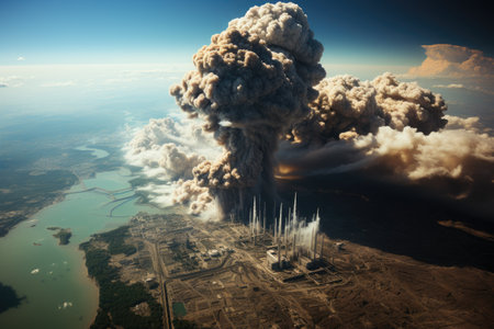 Power of nature and the devastating consequences of a nuclear disaster. The vivid colors and contrasting elements evoke a sense of danger and urgency. The image serves as a powerful reminder of the potential risks and the need for safety in the realm of nuclear energy.の素材