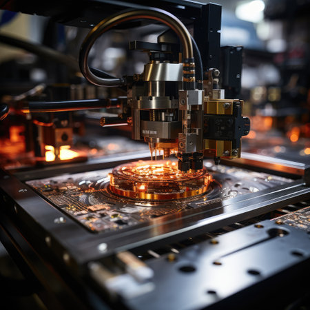 Laser machine in action, precisely cutting and shaping intricate parts with incredible accuracy. The intense beam of light creates a mesmerizing visual spectacle, illuminating the metallic surface and revealing intricate details.の素材