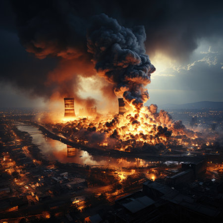 Power of nature and the devastating consequences of a nuclear disaster. The vivid colors and contrasting elements evoke a sense of danger and urgency. The image serves as a powerful reminder of the potential risks and the need for safety in the realm of nuclear energy.の素材