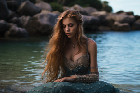 The image depicts a sense of tranquility and wonder, as the mermaid peacefully navigates the gentle waves. The golden hues of the setting sun create a warm and serene atmosphere, adding to the ethereal allure of the scene.の素材