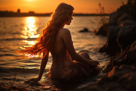 The image depicts a sense of tranquility and wonder, as the mermaid peacefully navigates the gentle waves. The golden hues of the setting sun create a warm and serene atmosphere, adding to the ethereal allure of the scene.の素材