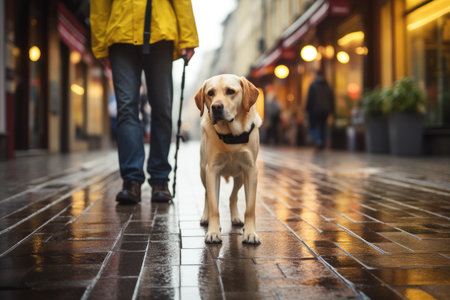 The guide dog, with a calm and focused demeanor, leads the blind person confidently, providing guidance and support.の素材