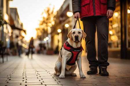 The guide dog, with a calm and focused demeanor, leads the blind person confidently, providing guidance and support.の素材