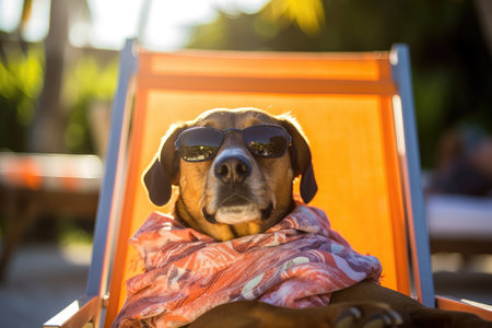 The dog is seen wearing sunglasses and relaxing in a beach chair, exuding a sense of humor and charm.の素材