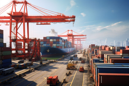 The atmosphere is filled with energy as workers load and unload goods, ensuring the smooth operation of global trade. The photograph beautifully captures the scale and complexity of logistics, emphasizing the importance of efficient transportation and supply chain management.の素材