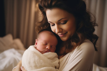 A heartwarming moment captured in a bright and realistic photograph where a young mother lovingly cradles her newborn baby in her arms. The tender bond between mother and child radiates through the image, creating a sense of warmth and joy.の素材