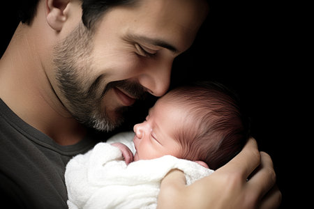 In this bright and realistic photograph, a young father cradles his newborn baby in his arms, capturing a beautiful moment of paternal love and bonding.の素材