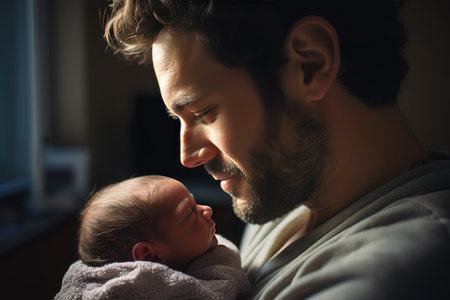 In this bright and realistic photograph, a young father cradles his newborn baby in his arms, capturing a beautiful moment of paternal love and bonding.の素材